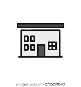 Simplified illustration of a building with a door and windows