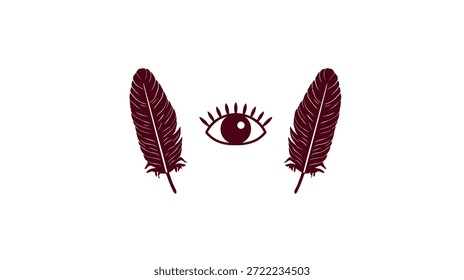 Vereinfachte Darstellung eines Auges zwischen zwei stilisierten Federn auf weißem Hintergrund
