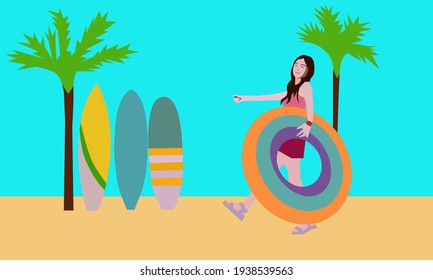 simplified illustration of a girl with a swim ring walking on the beach

