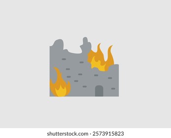 A simplified illustration of a gray rock or stone with orange and yellow flames rising behind it