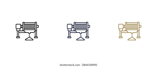 A simplified illustration of an industrial processing machine featuring a motor, a ribbed cylinder, and a chute for material output.