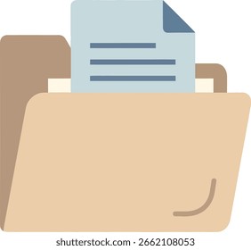 A simplified illustration of an open beige folder containing a light blue document with three horizontal blue lines.