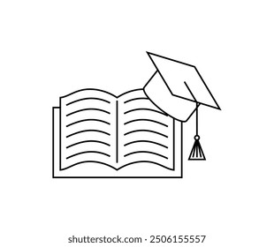 Simplified illustration of an open book with graduation cap on top. Represents education, learning, academic achievement, or scholarly activities. Modern, minimalistic design for educational contexts