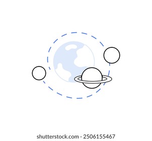 Simplified illustration of planetary system with Earth, a ringed planet, and two smaller planets orbiting. Modern minimalistic style focused on space exploration, cosmology, or astronomy themes.