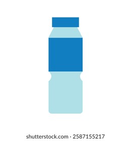 Simplified illustration of a plastic bottle with a blue label and cap, filled with liquid. Recycling, hydration, everyday object