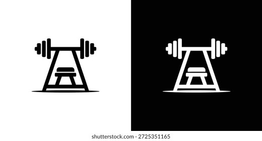 A ilustração simplificada apresenta o rack de levantamento de peso e o ícone de sino de barra em um estilo minimalista em um plano de fundo contrastante dividido, oferecendo versatilidade dinâmica.