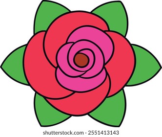 A simplified illustration of a rose. Red and pink petals are tightly arranged, surrounded by five green leaves. Bold outlines define the flowers shape and colors. Simple, graphic style.