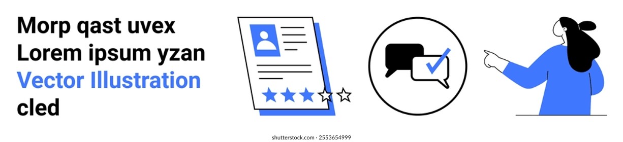 A simplified illustration showing a resume with a star rating, two speech bubbles with a checkmark in a circle, and a person pointing. Ideal for job application, recruitment, communication