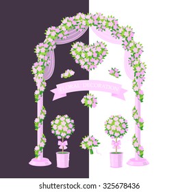 Simplified Image Of Arch, Topiary, Flower Heart And Bouquet.  Set Of Floral Elements Isolated On White And Dark Background. Pink Decoration For Wedding Design.