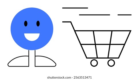 Simplified image of a blue smiling face next to a rapidly moving shopping cart. Ideal for themes like online shopping, e-commerce, customer satisfaction, retail, and happiness. Flat modern style