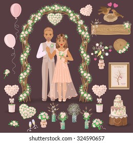 Simplified image of bridegroom in beige suit and bride in cream dress, set of floral elements and another things for wedding design isolated on dark. Holiday decoration in rustic style. 