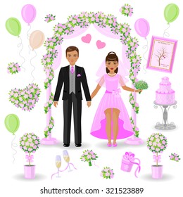 Simplified image of bridegroom in black suit and bride in pink dress, set of floral elements and another things for wedding design isolated on white. Holiday decoration in pink-green colors. 