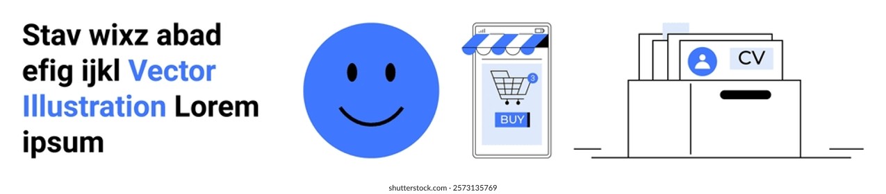 Simplified image featuring a happy face, a shopping cart icon on a storefront, and organized documents labeled CV in a drawer. Ideal for online shopping, digital marketing, e-commerce, document