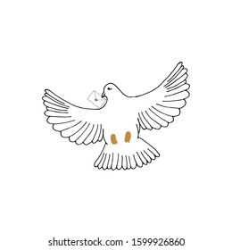 Simplified image of flying dove with love letter isolated on white. Hand drawn contoured pigeon. Vector illustration as a symbol of love or peace