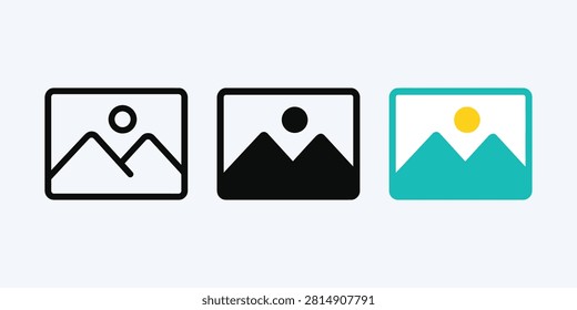 Simplified image gallery placeholder icons showcasing two mountain peaks under a clear sun, ideal for file attachments or upload views.