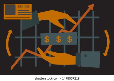 Simplified image of hands transferring money on the background of a graph, sales and financial transactions on the Internet. Online payment transactions.