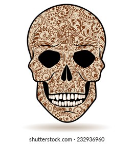 Simplified image of human skull with floral pattern   isolated on white.