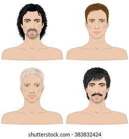 Simplified image of men with different hairstyles  isolated on white. 