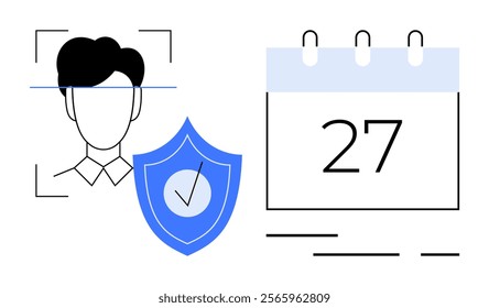 A simplified image of a person undergoing facial recognition, accompanied by a shield symbolizing security, and a calendar displaying the number 27. Ideal for biometrics, data protection, security
