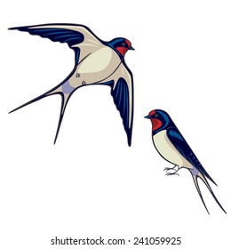 Simplified image of sitting and flying swallows isolated on white.