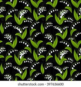 Simplified image of spring flower. Lily of the valley flowers on dark background. Floral seamless texture.