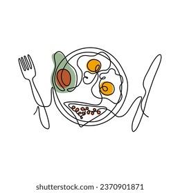 Simplified image of tasty meal. Breakfast in line art style. Prepared eggs, avocado, toast on a plate. Outline vector illustration. 