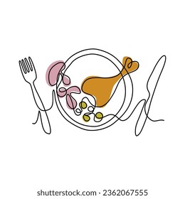 Simplified image of tasty meal. Dinner in line art style. Prepared  chicken drumstick, mushrooms, peas on a plate. Outline vector illustration.
