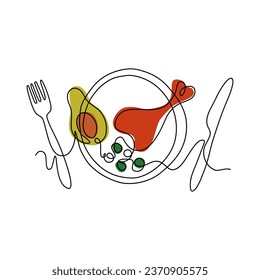 Imagen simplificada de una comida sabrosa. Cena en línea de arte. Bizcocho de pollo preparado, aguacate, guisantes en un plato. Ilustración del vector de contorno. 