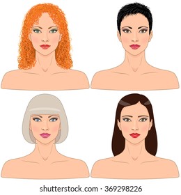Simplified image of women with different hairstyles  isolated on white. 