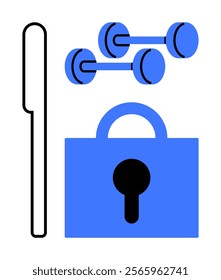 Simplified images of dumbbells, a lock, and a vertical bar. Ideal for fitness programs, gym security, workout apps, exercise routines, wellness campaigns. Modern, minimalistic, clean style