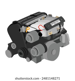 Motor de gasolina simplificado en línea de 5 cilindros y 20 válvulas con un solo árbol de levas con manguito de vacío rojo, tapa negra del colector de admisión y Vector de ilustración de placa larga.