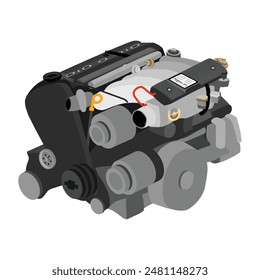 Simplified inline 5 cylinders 20 valves single overhead camshaft gasoline engine with red vacuum hose and black intake manifold cover and square badge included intake air solenoid illustration vector.