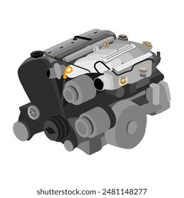 Motor de gasolina simplificado en línea de 5 cilindros y 20 válvulas con árbol de levas en cabeza con tapa plateada con tapa del colector de admisión y Vector de ilustración de la electroválvula de derivación del aire del colector.