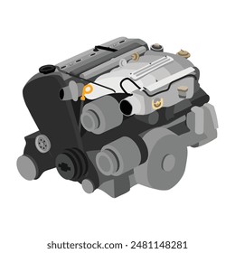 Motor de gasolina en línea simplificada de 5 cilindros, 20 válvulas, bloque Pequeño, árbol de levas en culata, con tapa plateada de la válvula, sin tapa del colector de admisión y Vector de ilustración de la electroválvula de derivación del aire del colector.