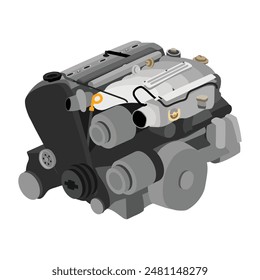 Bloque Grande en línea simplificado 5 cilindros 20 válvulas motor de gasolina con árbol de levas en culata simple con tapa plateada sin tapa del colector de admisión y Vector de ilustración de electroválvula de derivación de aire del colector.