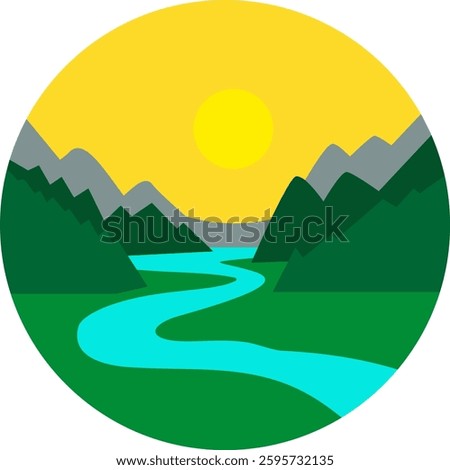 Simplified landscape with flowing river, mountain silhouettes, and sun, representing nature and outdoor scenery in flat design style. Not AI Generated