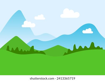 Simplified landscape with green hills and blue mountains under a sky with clouds. Serene nature scene, flat design hillscape. Tranquility in nature vector illustration.