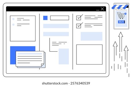 Simplified layout representing an online shopping interface with various data fields, checkboxes, text boxes, and a shopping cart. Ideal for e-commerce, web design, user interface, online stores