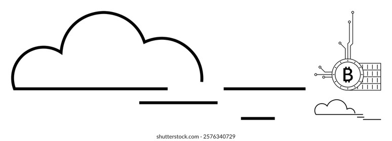 Simplified line art of a cloud connected to a Bitcoin symbol represents the integration of cloud technology with cryptocurrency and blockchain. Ideal for technology, fintech, cryptocurrency, cloud