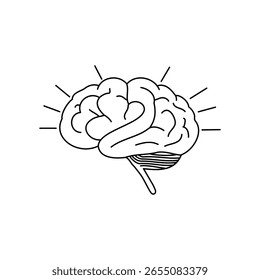 Simplified line art of human brain with radial connection rays. Modern vector for neuroscience and tech.