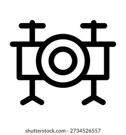 Simplified line art illustration of a drum set or drum kit. Features snare drums, bass drum, cymbals, and stands. Black and white minimalist icon, isolated on white background. Represents percussion, music, and band performance.