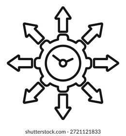 Simplified line drawing of a clock with directional arrows, symbolizing efficient time management and planning