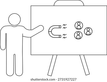 Eine vereinfachte Strichzeichnung zeigt einen Moderator neben einem Whiteboard mit einem Magneten und eingekreisten Personen-Symbolen