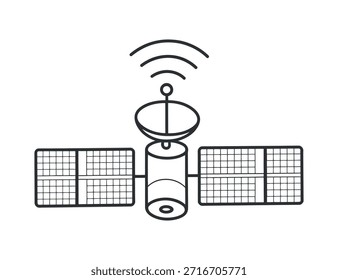 Un dibujo lineal simplificado muestra un satélite en el espacio mostrando sus paneles solares y señales de comunicación que ofrecen una visión de la tecnología espacial