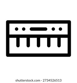 Um desenho de linha simplificado de um teclado eletrônico ou piano. O ícone apresenta as teclas pretas e brancas características, juntamente com um painel de controle, representando a produção de música digital, desempenho e instrumentos musicais em um estilo limpo e rabiscado.