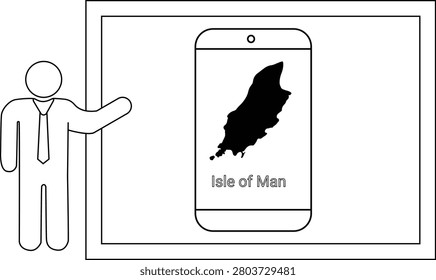 A simplified line drawing of a man in a suit pointing towards a smartphone displaying the map of the Isle of Man.