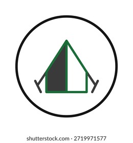 Un dibujo de línea simplificado muestra una tienda de campaña dentro de un círculo, la tienda es mitad blanca y mitad negra, su diseño simple encarna el espíritu de la exploración y la vida al aire libre. Un símbolo perfecto