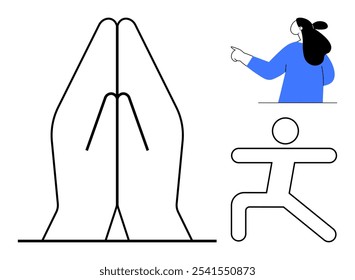 Simplified line drawing showing large praying hands, a person in a blue shirt pointing, and a figure in a yoga pose. Ideal for meditation, mindfulness, yoga, spirituality, and wellness themes. Simple