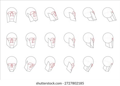 A cabeça de Loomis simplificada mais características faciais de diversos ângulos