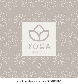 Simplified Lotus Yoga Studio Design Card In Pastel Colors Flat Vector Design On Ornamental Background